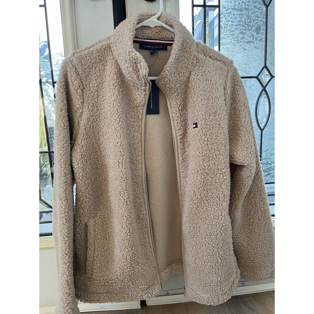 Tommy Hilfiger Women's Sweater Medium Beige Fleece Full Zip Slit Pockets  NWT